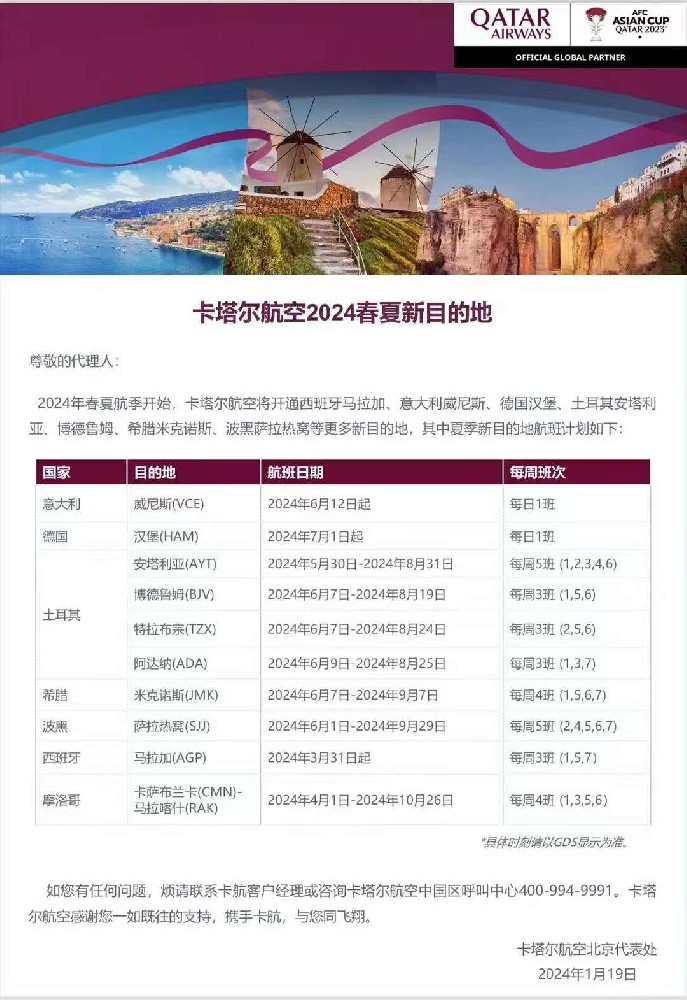 卡塔尔航空2024春夏新目的地